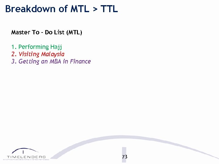 Breakdown of MTL > TTL Master To - Do List (MTL) 1. Performing Hajj