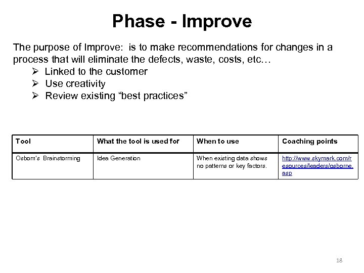 Phase - Improve The purpose of Improve: is to make recommendations for changes in