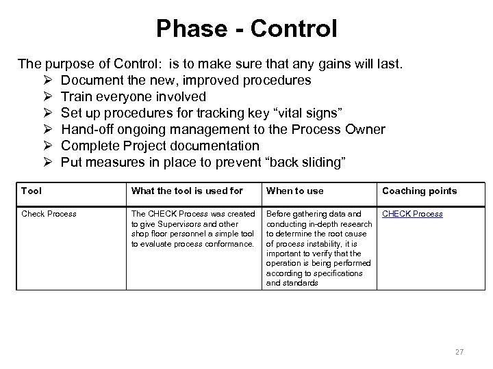 Phase - Control The purpose of Control: is to make sure that any gains