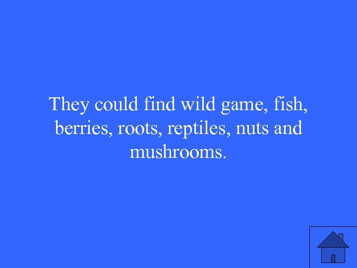 They could find wild game, fish, berries, roots, reptiles, nuts and mushrooms. 