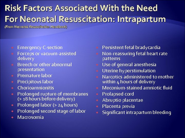 Risk Factors Associated With the Need For Neonatal Resuscitation: Intrapartum (From Neonatal Resuscitation Handbook)