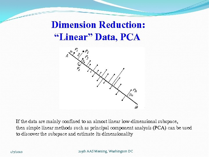 Dimension Reduction: “Linear” Data, PCA If the data are mainly confined to an almost