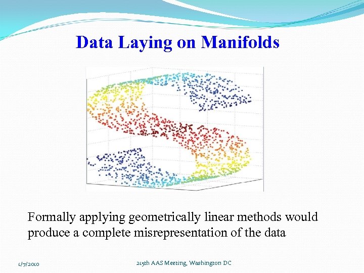 Data Laying on Manifolds Formally applying geometrically linear methods would produce a complete misrepresentation