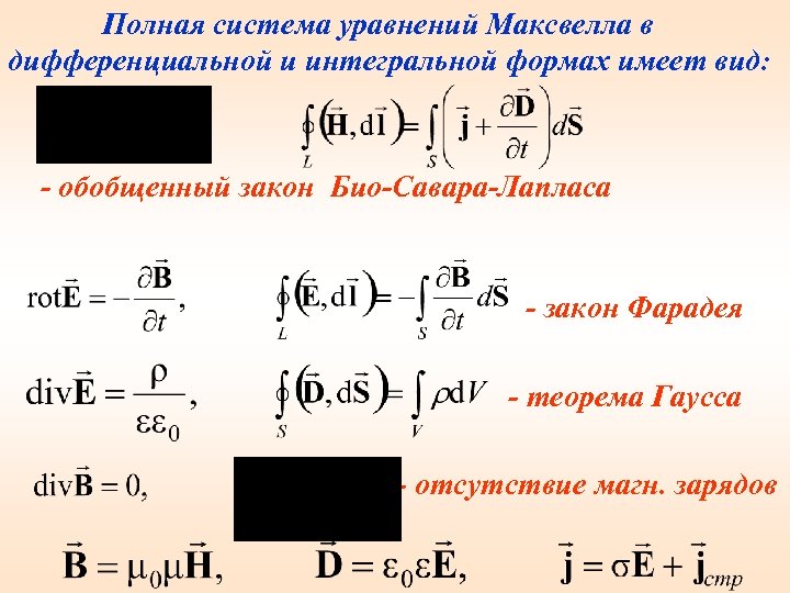 Полная система уравнений Максвелла в дифференциальной и интегральной формах имеет вид: - обобщенный закон