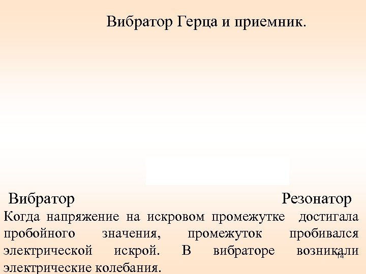  Вибратор Герца и приемник. Вибратор Резонатор Когда напряжение на искровом промежутке достигала пробойного