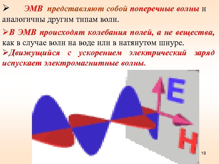 Ø ЭМВ представляют собой поперечные волны и аналогичны другим типам волн. ØВ ЭМВ происходят