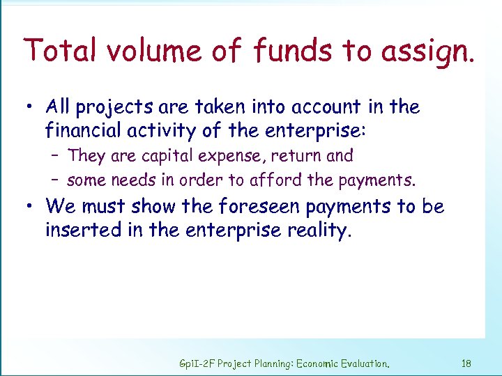 Total volume of funds to assign. • All projects are taken into account in