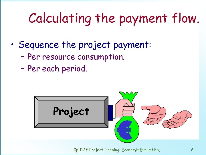 Calculating the payment flow. • Sequence the project payment: – Per resource consumption. –