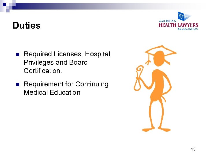 Duties n Required Licenses, Hospital Privileges and Board Certification. n Requirement for Continuing Medical