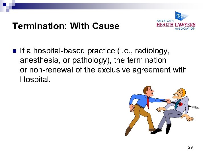 Termination: With Cause n If a hospital-based practice (i. e. , radiology, anesthesia, or