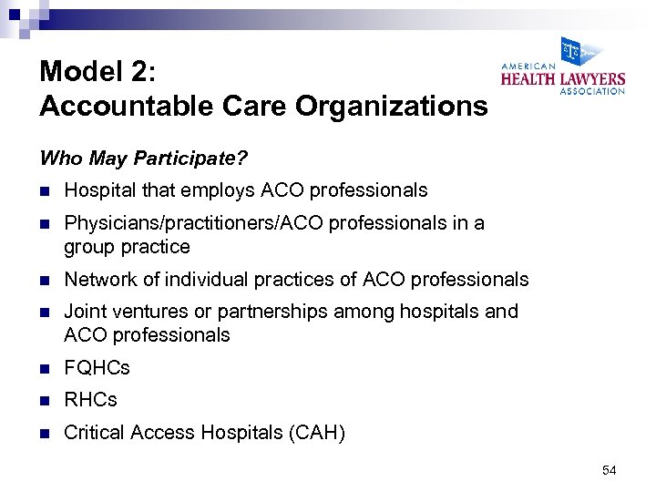Model 2: Accountable Care Organizations Who May Participate? n Hospital that employs ACO professionals