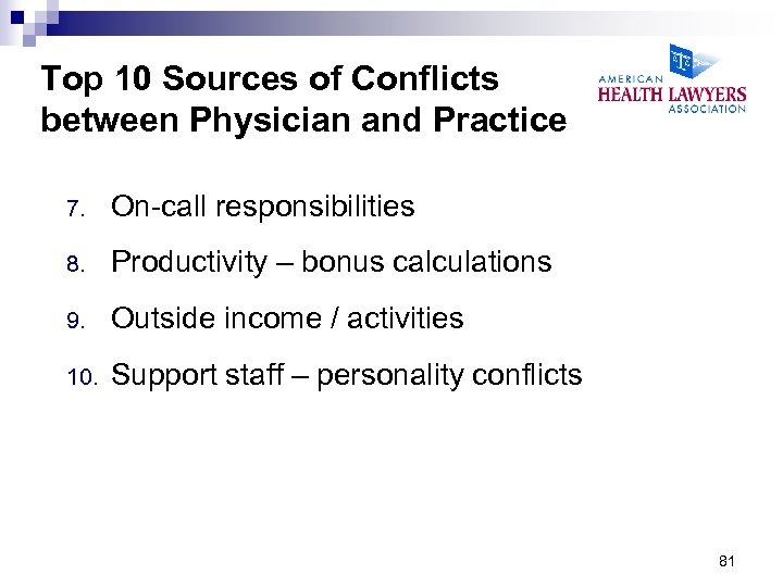 Top 10 Sources of Conflicts between Physician and Practice 7. On-call responsibilities 8. Productivity