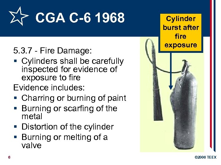 CGA C-6 1968 5. 3. 7 - Fire Damage: § Cylinders shall be carefully