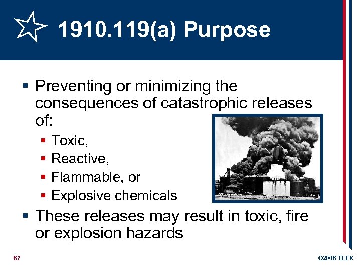 1910. 119(a) Purpose § Preventing or minimizing the consequences of catastrophic releases of: §