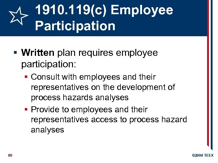 1910. 119(c) Employee Participation § Written plan requires employee participation: § Consult with employees