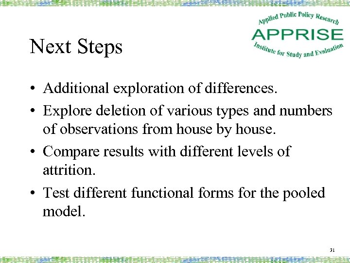 Next Steps • Additional exploration of differences. • Explore deletion of various types and