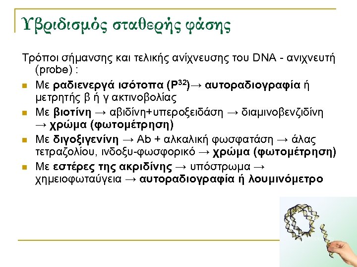 Υβριδισμός σταθερής φάσης Τρόποι σήμανσης και τελικής ανίχνευσης του DNA - ανιχνευτή (probe) :