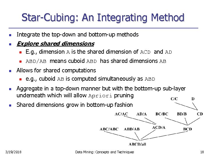 Star-Cubing: An Integrating Method n Integrate the top-down and bottom-up methods n Explore shared