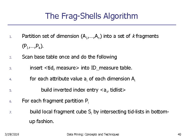 The Frag-Shells Algorithm 1. Partition set of dimension (A 1, …, An) into a