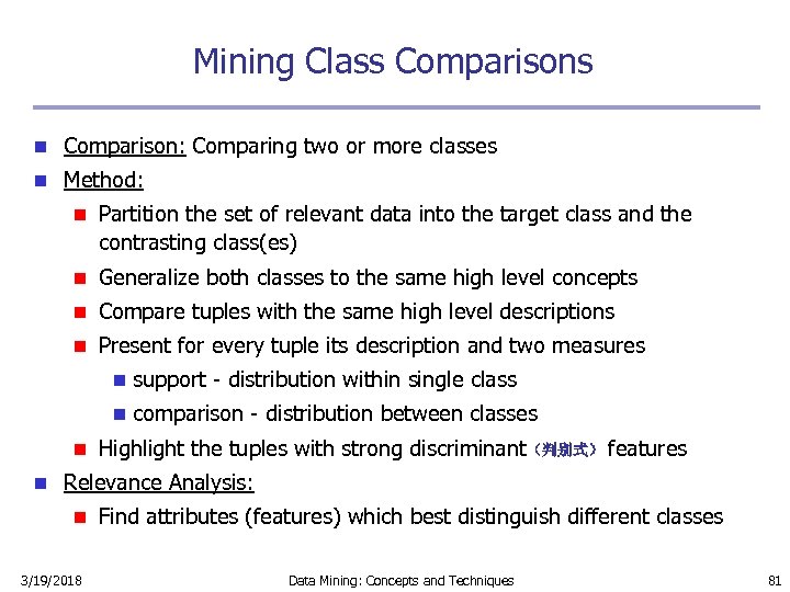 Mining Class Comparisons n Comparison: Comparing two or more classes n Method: n Partition