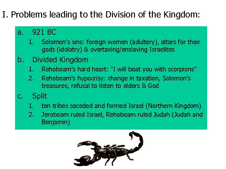 I. Problems leading to the Division of the Kingdom: a. 921 BC 1. b.