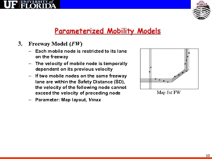 Parameterized Mobility Models 3. Freeway Model (FW) – Each mobile node is restricted to
