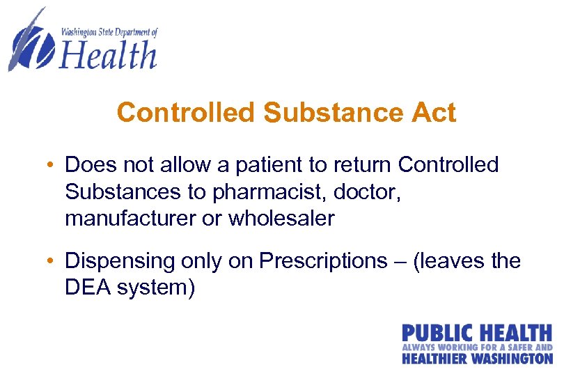 Controlled Substance Act • Does not allow a patient to return Controlled Substances to