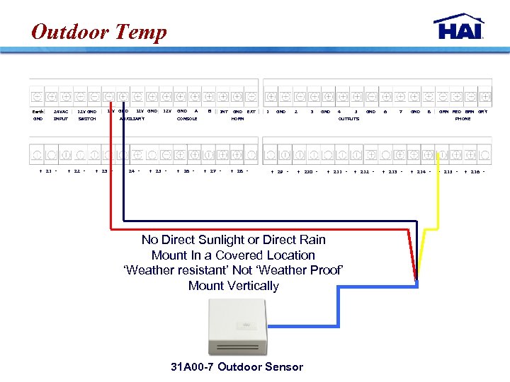 Outdoor Temp Earth 24 VAC 12 V GND INPUT 12 V GND SWITCH +