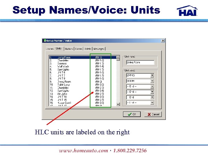 Setup Names/Voice: Units HLC units are labeled on the right 