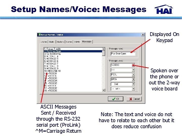 Setup Names/Voice: Messages Displayed On Keypad Spoken over the phone or out the 2