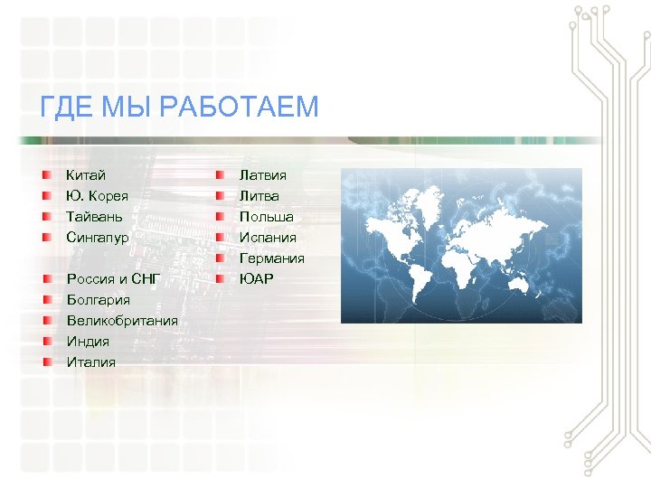 ГДЕ МЫ РАБОТАЕМ Китай Ю. Корея Тайвань Сингапур Россия и СНГ Болгария Великобритания Индия