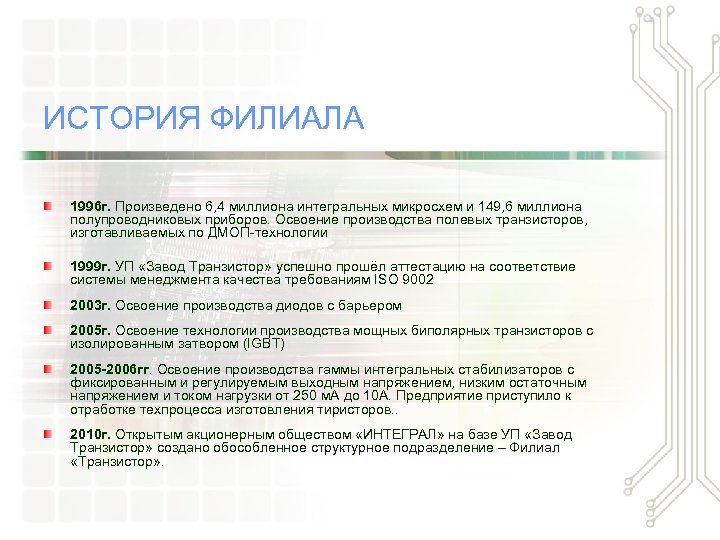 ИСТОРИЯ ФИЛИАЛА 1996 г. Произведено 6, 4 миллиона интегральных микросхем и 149, 6 миллиона