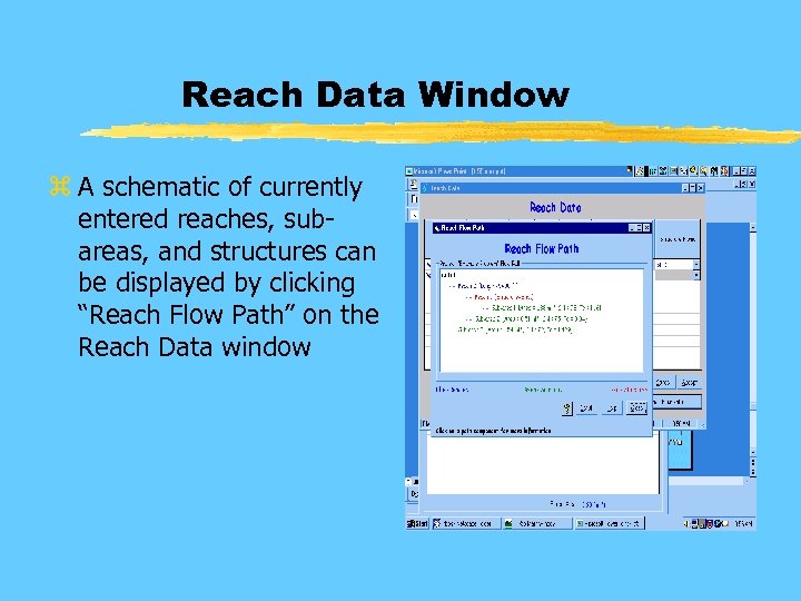 Reach Data Window z A schematic of currently entered reaches, subareas, and structures can