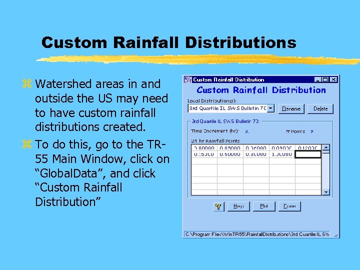 Custom Rainfall Distributions z Watershed areas in and outside the US may need to