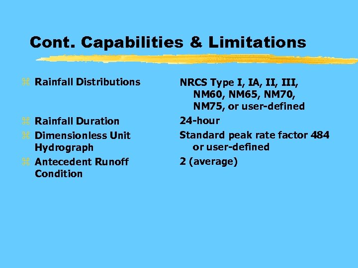 Cont. Capabilities & Limitations z Rainfall Distributions z Rainfall Duration z Dimensionless Unit Hydrograph