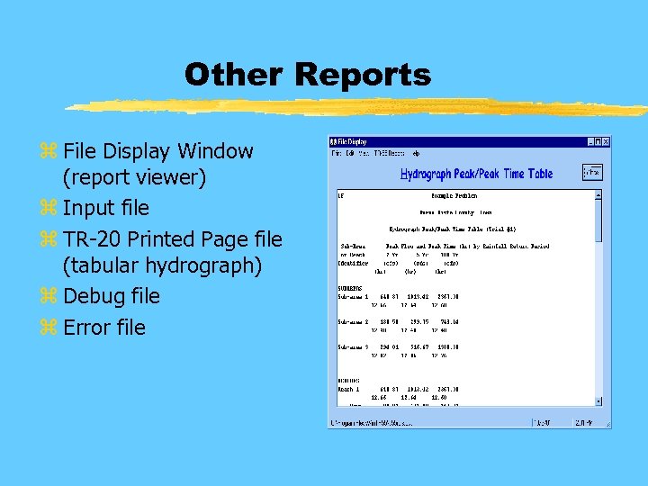 Other Reports z File Display Window (report viewer) z Input file z TR-20 Printed