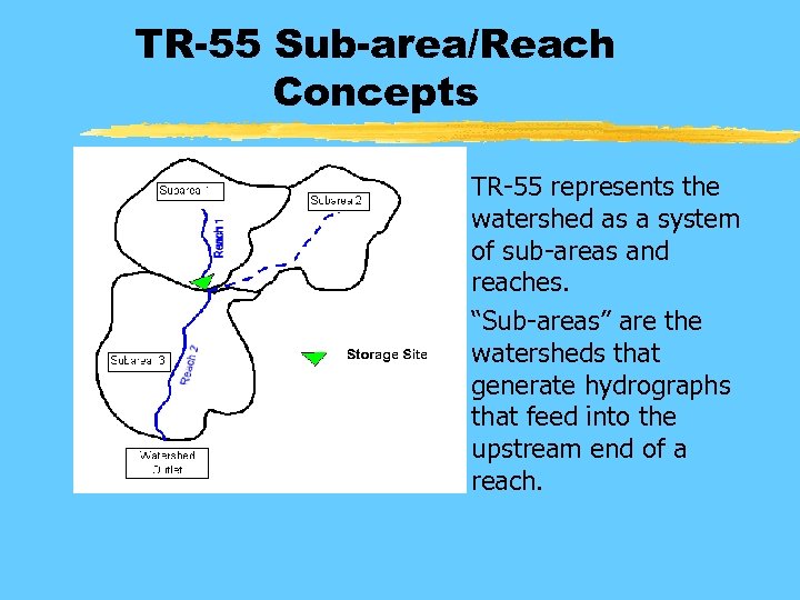 TR-55 Sub-area/Reach Concepts z TR-55 represents the watershed as a system of sub-areas and