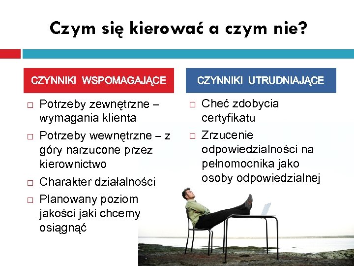 Czym się kierować a czym nie? CZYNNIKI WSPOMAGAJĄCE Potrzeby zewnętrzne – wymagania klienta Potrzeby