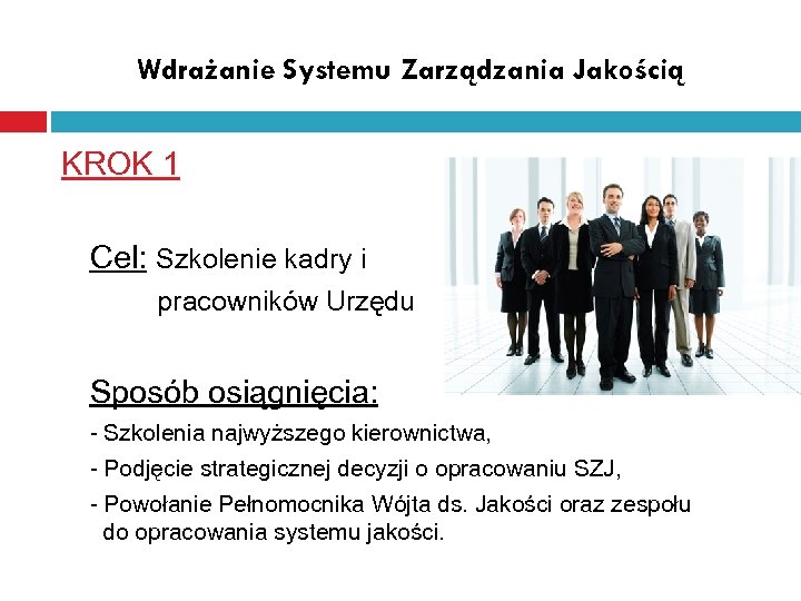 Wdrażanie Systemu Zarządzania Jakością KROK 1 Cel: Szkolenie kadry i pracowników Urzędu Sposób osiągnięcia: