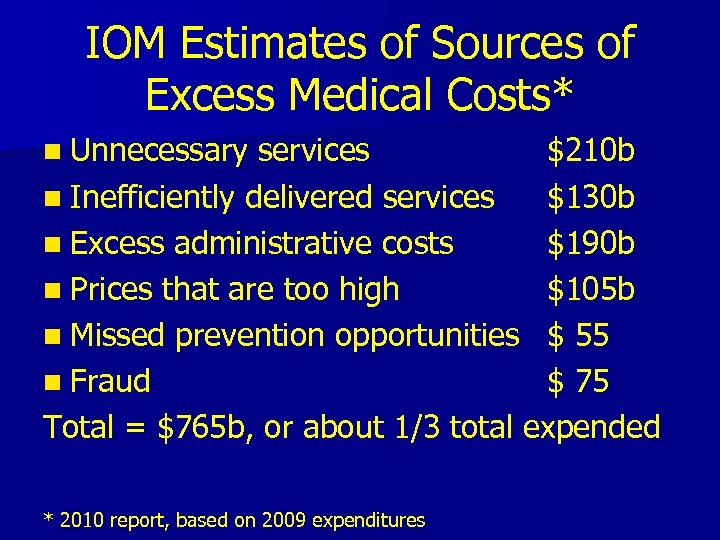 IOM Estimates of Sources of Excess Medical Costs* n Unnecessary services $210 b n