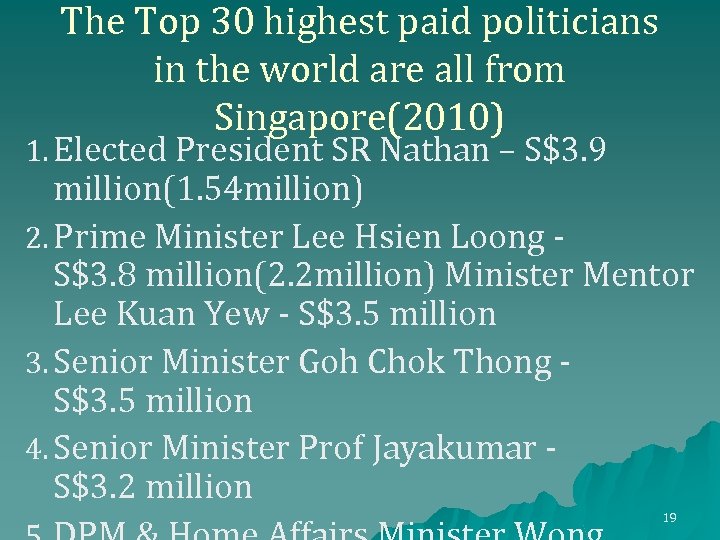 The Top 30 highest paid politicians in the world are all from Singapore(2010) 1.