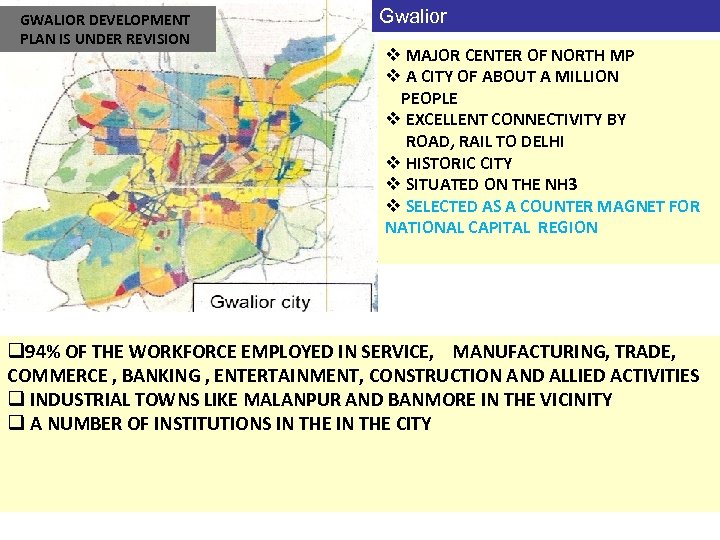 GWALIOR DEVELOPMENT PLAN IS UNDER REVISION Gwalior v MAJOR CENTER OF NORTH MP v
