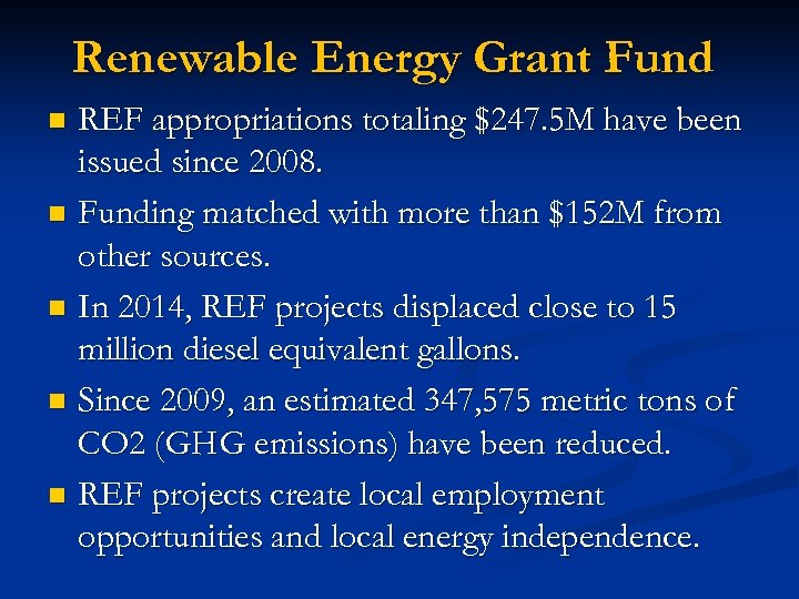 Renewable Energy Grant Fund REF appropriations totaling $247. 5 M have been issued since