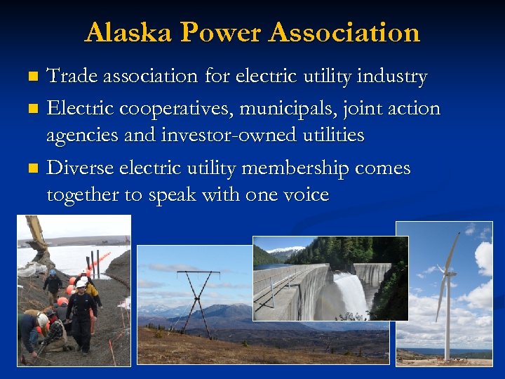 Alaska Power Association Trade association for electric utility industry n Electric cooperatives, municipals, joint