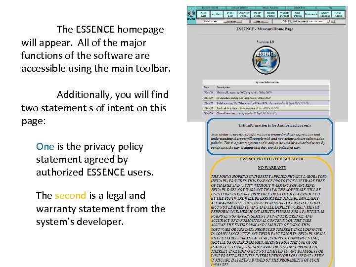The ESSENCE homepage will appear. All of the major functions of the software accessible