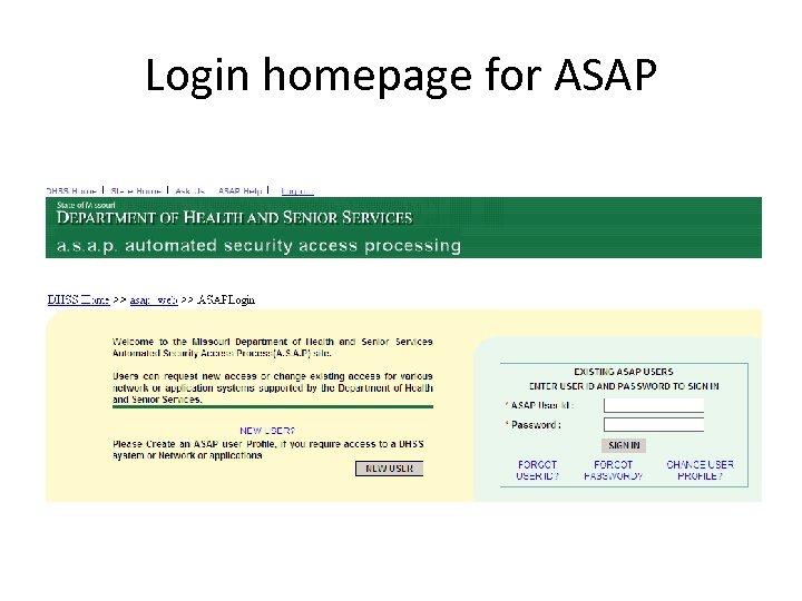 Login homepage for ASAP 