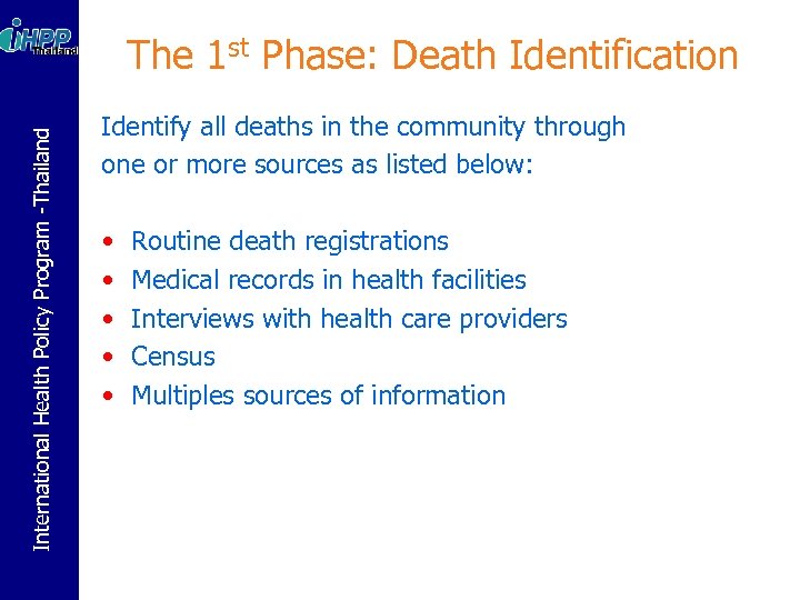 International Health Policy Program -Thailand The 1 st Phase: Death Identification Identify all deaths