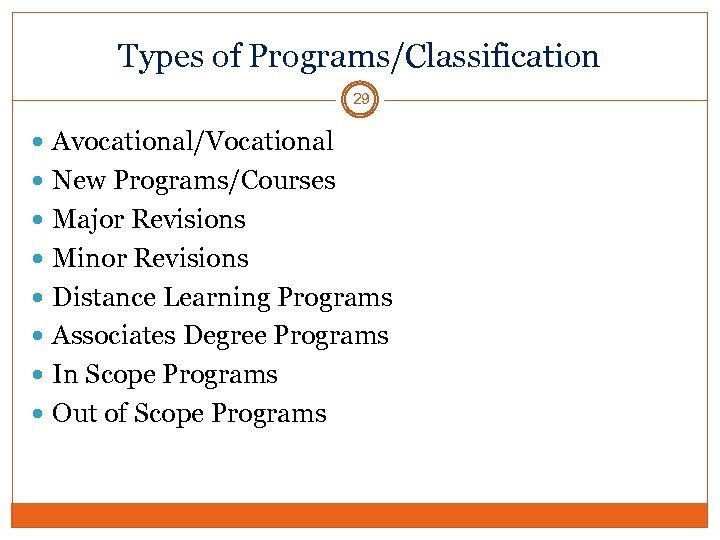 Types of Programs/Classification 29 Avocational/Vocational New Programs/Courses Major Revisions Minor Revisions Distance Learning Programs