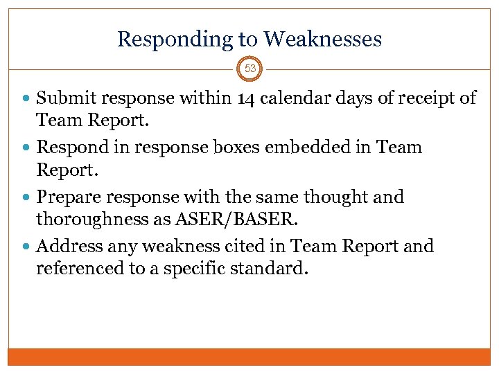 Responding to Weaknesses 53 Submit response within 14 calendar days of receipt of Team