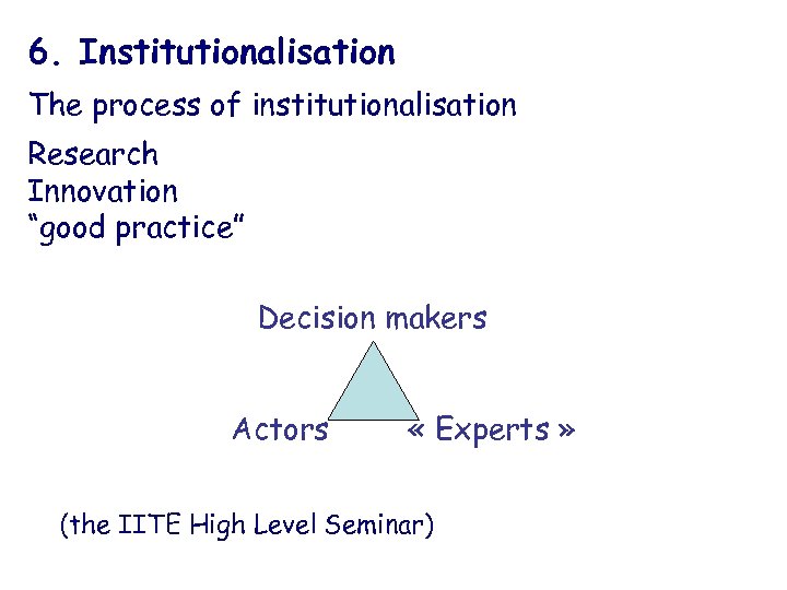 6. Institutionalisation The process of institutionalisation Research Innovation “good practice” Decision makers Actors «